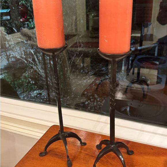 Other - Elegant Black Iron Candle Holders with Orange Candles